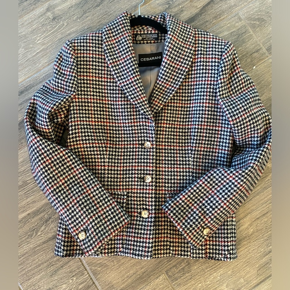 Vintage Cesarani 💯 Wool Tweed Plaid Blazer Medium Black•Tan•Red